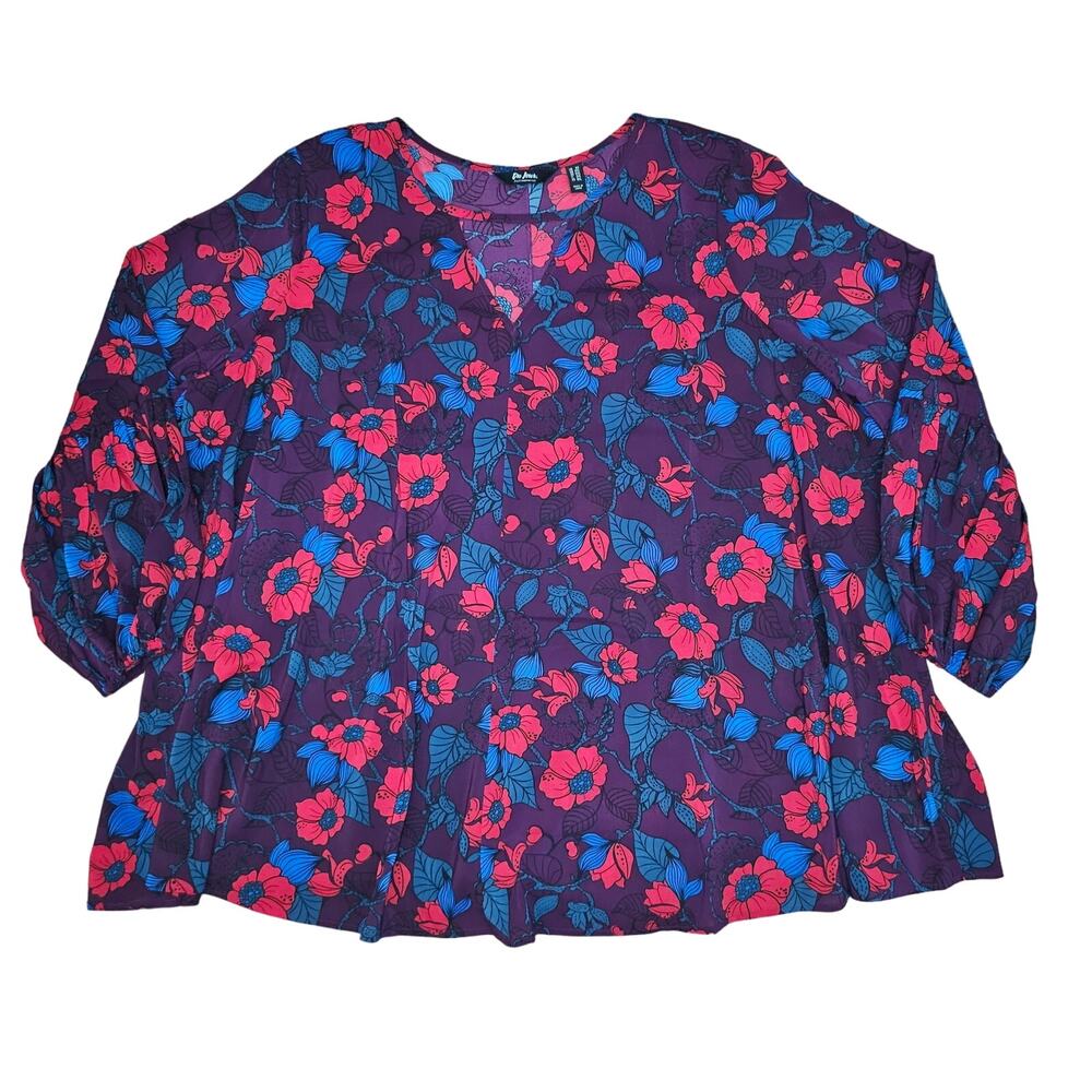 Du Jour Women's Red and Blue Floral Tunic Blouse Plus Size 2X Balloon Sleeve